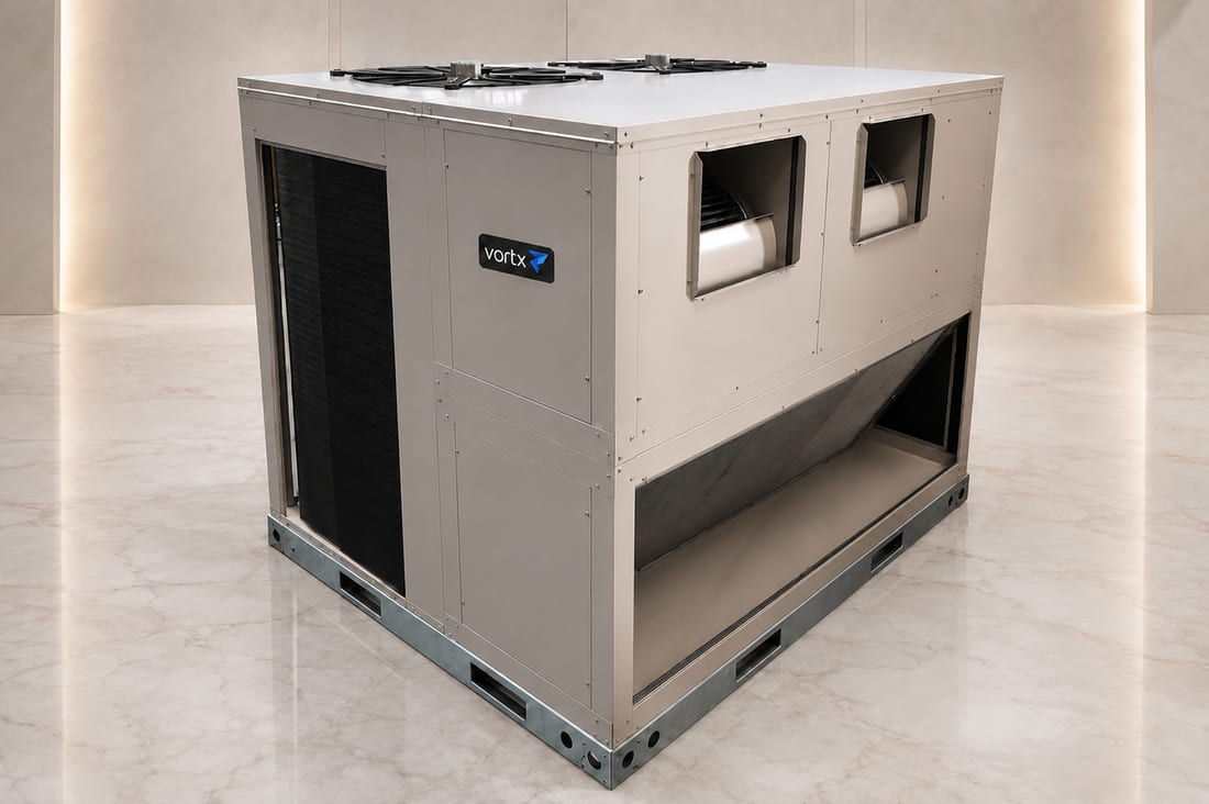 Vortx packaged rooftop unit — front view with supply blowers