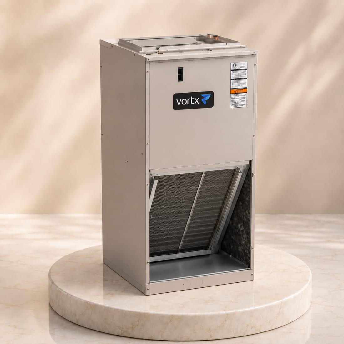 Vortx residential vertical air handler — front view with coil section